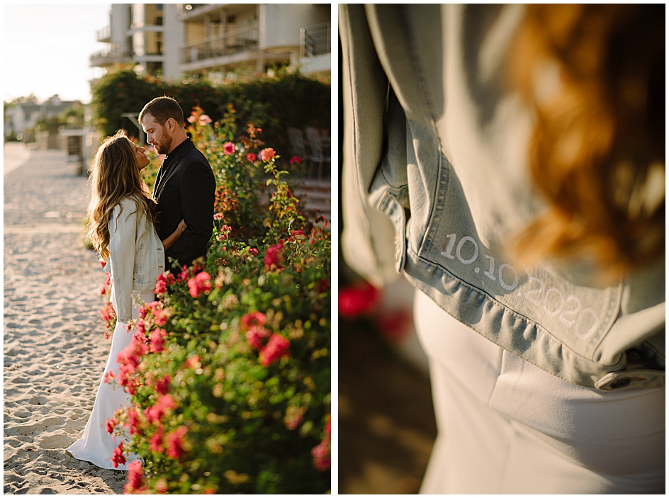 Collage of two images - one showing a closeup of the date 10-10-2020 painted on the back of a bride's denim jacket, and the other image shows the bride and groom cuddled up standing amongst bougainvillea planted at the beach during this San Diego Microwedding Elopement. 