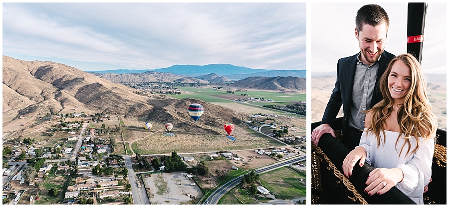 This Hot Air Balloon Proposal captured by San Diego Wedding Photographer Marie Monforte depicts the views of Hot Air Balloons rising over the Temecula valley, and the newly enaged couple from inside the basket of the Hot Air Balloon. 