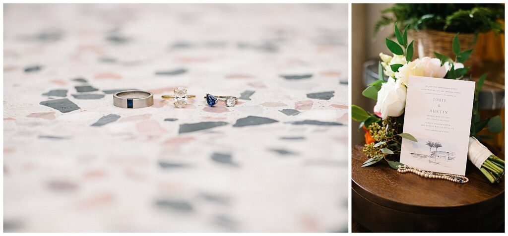 Three wedding rings sit on colorful stone (left). A wedding invitation sits on a wooden table in front of a colorful flower bouquet (right). 