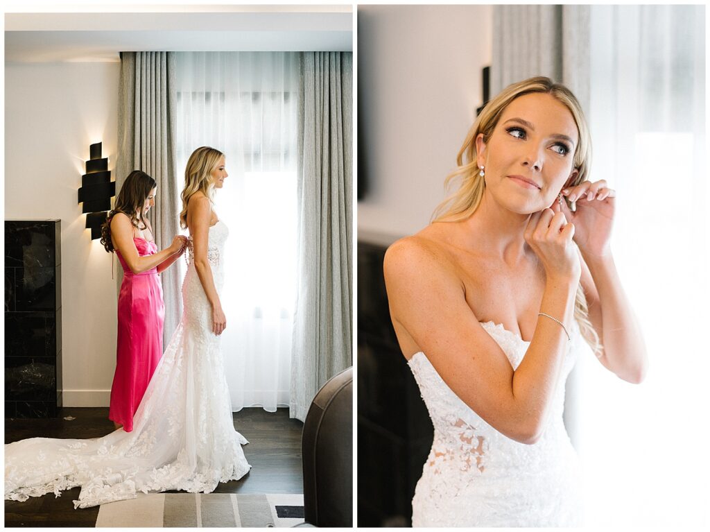 A bridesmaid zips up the dress of the bride in a bright room (left). A blonde bride smiles as she puts in her diamond earrings (right). 