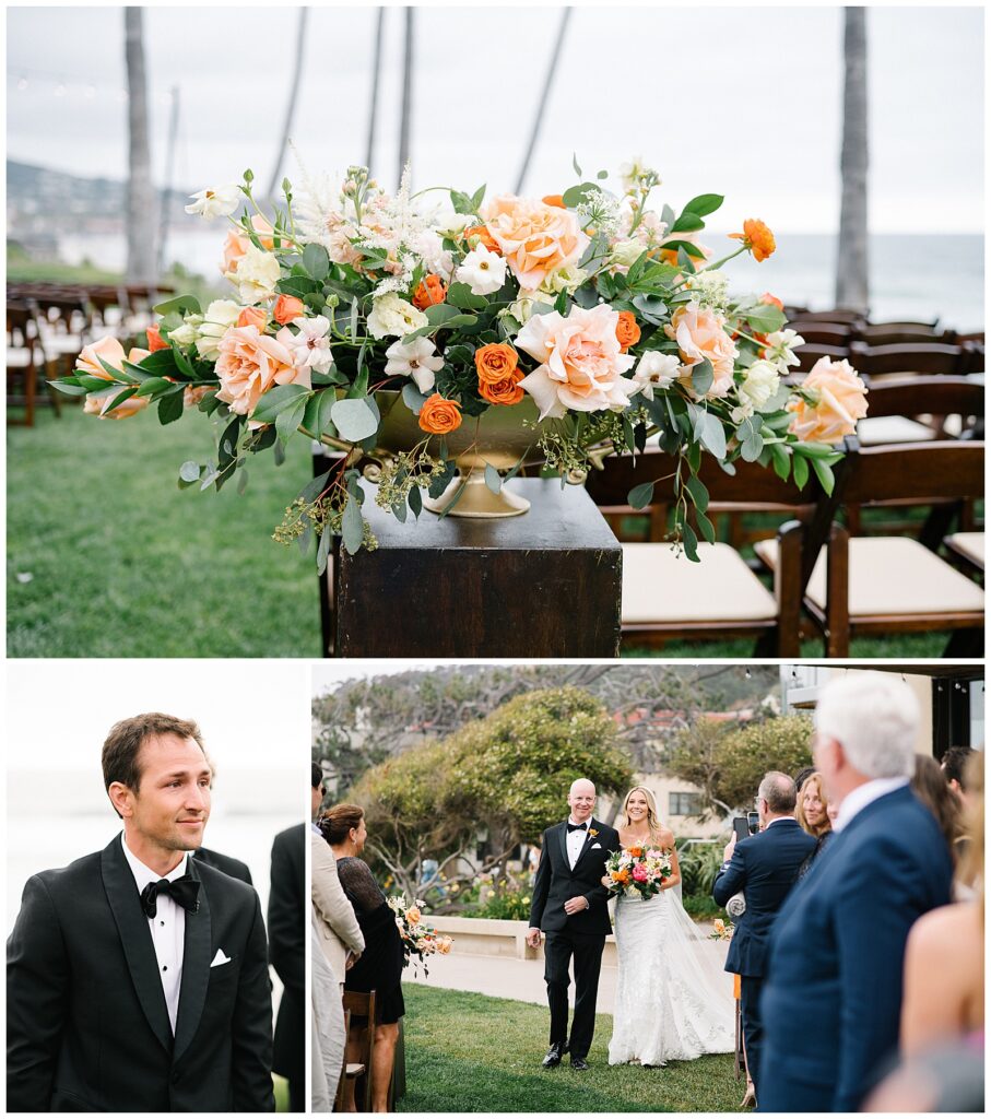 A beautiful wedding bouquet of orange, pink, and yellow flowers (left). A man stares at his wife and smiles as she walks down the aisle, holding her father's arm (right). 