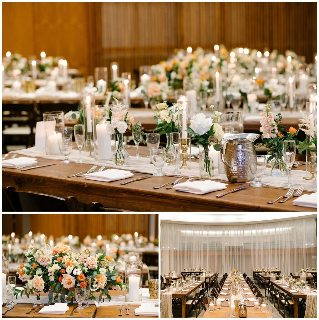 A wedding reception venue is set up with wooden tables, candles, colorful flowers, and silver cutlery. 
