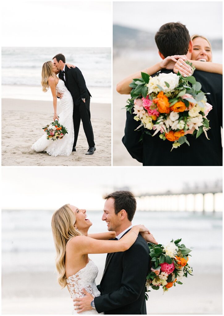 A bride and groom embrace each other, laugh, and kiss on the shore of a San Diego beach after their wedding ceremony. 