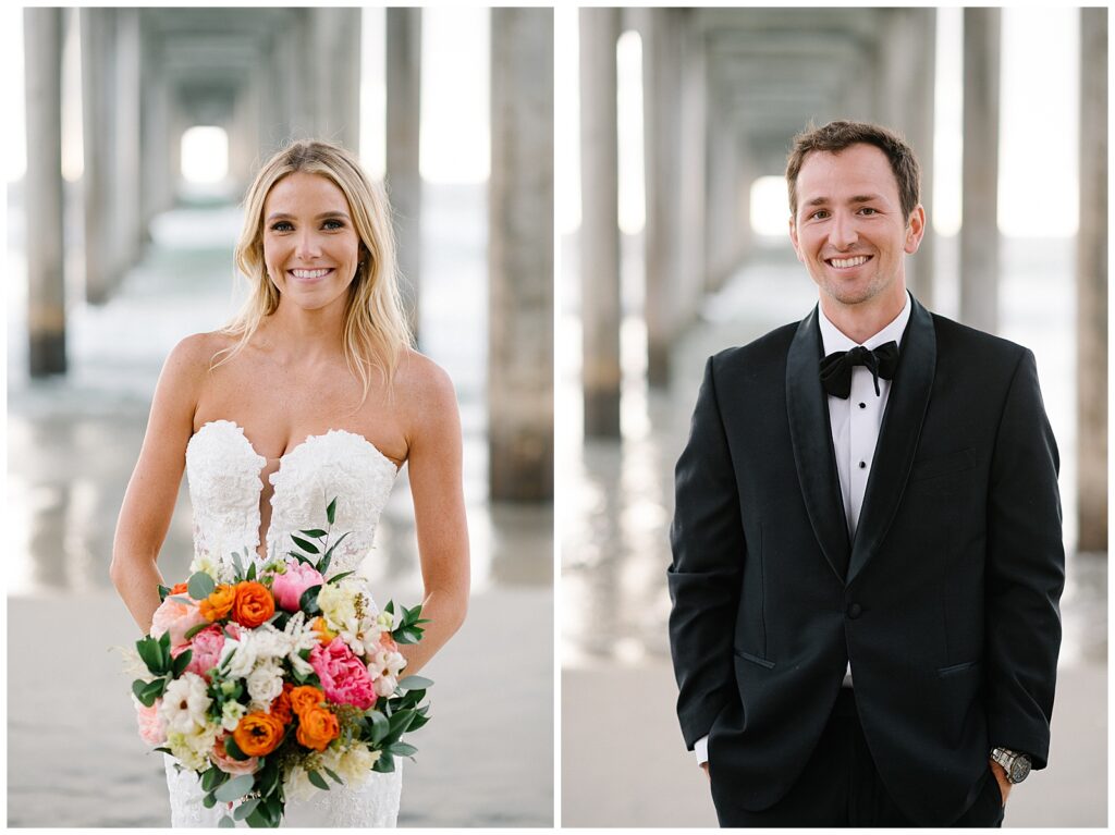 A bride smiles under the La Jolla pier and holds a colorful wedding bouquet (left). A groom smiles with his hands in his pockets under a stone pier in San Diego, California (right). 