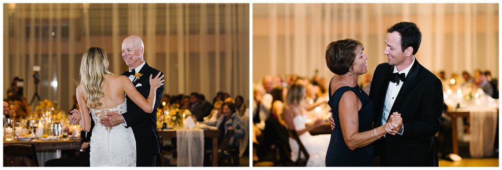 A bride shares a dance with her father (left) and a groom dances with his mother (right) in a beautiful wedding reception room. 