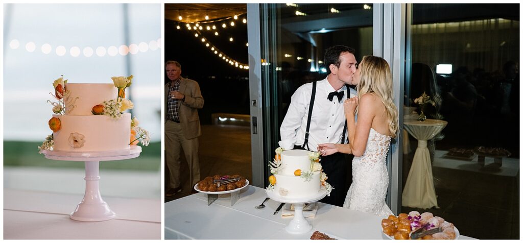 A pink cake decorated with colorful flowers (left). A bride and groom kiss after they share the first bite of their white wedding cake (right). 